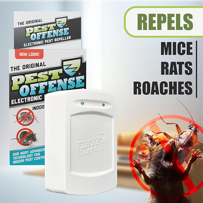 Upgraded PEST OFFENSE New Look Electronic Pest Repeller for Indoor Pest Control of Mice, Rats, Rodents, Roaches for Home, Office, Business, Garage, Warehouse