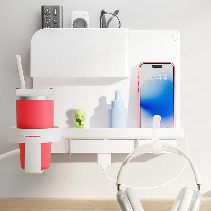 WallShelfie Bedside Wall Organizer & Dorm Decor - Dorm Room Essential, Floating Bedside Shelf Wall Mount Organizer, Remote Control Holder, Cool Teen Girls Trendy Stuff, Room Organization (White)
