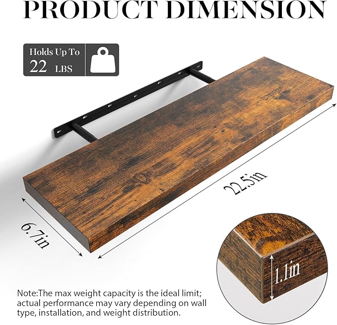 BAYKA Floating Shelves for Wall, Set of 3, 22.5 Inch Rustic Wood Wall Mounted Shelving for Bathroom, Bedroom, Living Room or Kitchen, Hanging Display Decor Book Shelf with 22 lbs, Rustic Brown