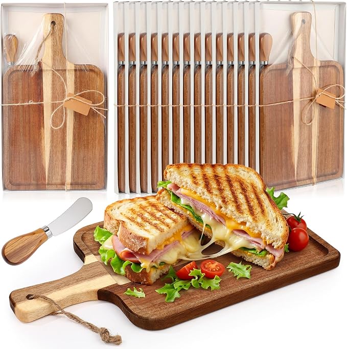 Geetery 16set Acacia Wood Charcuterie Board with Knife Wooden Serving Tray with Groove Acacia Wood Cutting Board with Card and Gift Box for Wedding Baby Shower Housewarming Gift (14 x 8 Inches)