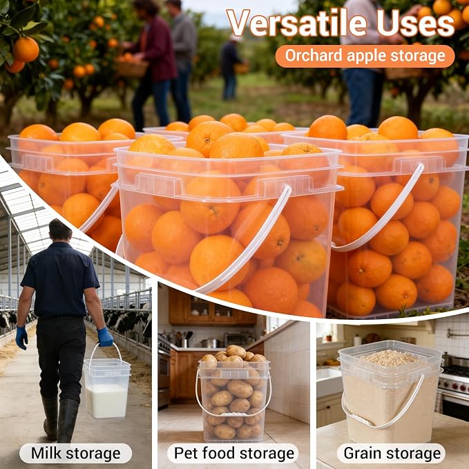 4 Pack 6.6 Gallon Square Plastic Bucket with Orange Lids, Heavy Duty Storage Containers with Handle, Large Clear Plastic Pail for Paint, Cleaning and Industrial Use, BPA Free
