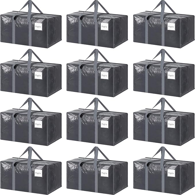 12 Pack Extra Heavy Duty Large Moving Bags with Strong Zipper, Gray | Comfortable Handles, Sturdy & Durable Clothes Storage Bags Totes Bins, Blue Packing Moving Boxes for College Supplies