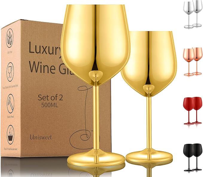 UNISWEET Unbreakable Stainless Steel Wine Glasses Set of 2, Gold | 17oz Unique Fancy Metal Wine Goblets, Shatterproof, Ideal for Outdoor, Camping, Travel, Pool, Great Gift for Wine Lovers