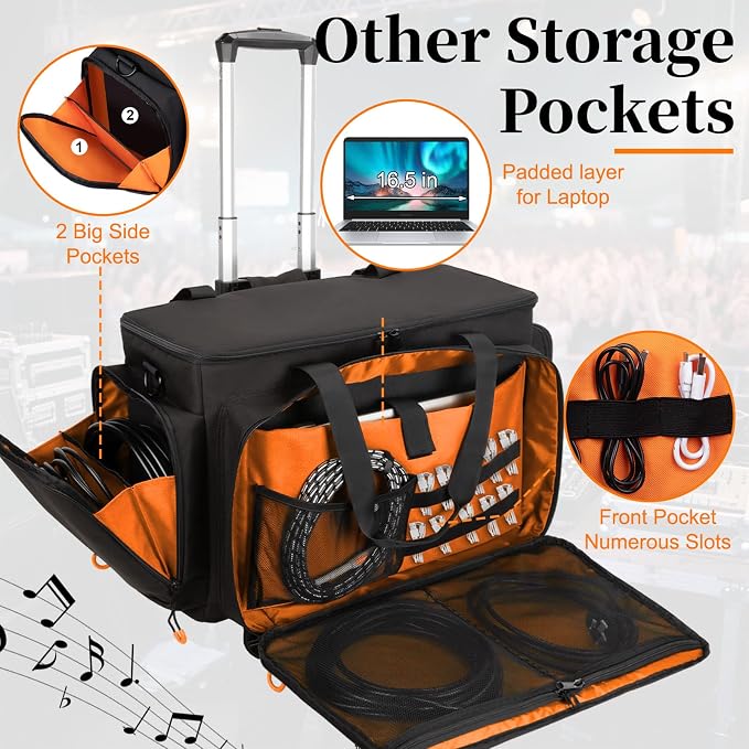 Rolling Dj Cable Bag with Laptop and Microphone Pocket, Dj Bag for Equipment and Music Accessories with Detachable Dividers, Bottom Pad, Dj Gig Bag for Musicians, Professional, Travel, Orange