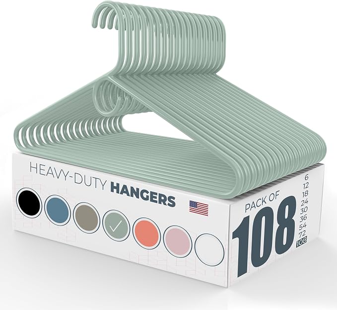 Heavy Duty Clothes Hangers 100 Pack (108 Count) – Made in the USA – 8lb Capacity Plastic Hangers for Adult Clothing – Durable for Pants, Coats, Jackets, or Jeans – Mint