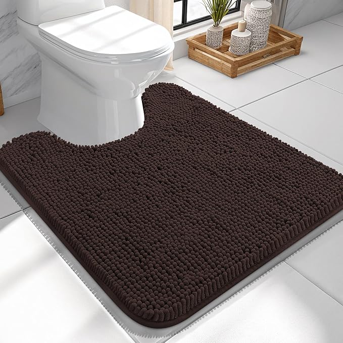 OLANLY Toilet Rugs U-Shaped 24x24, Extra Soft Absorbent Chenille Contour Bathroom Rugs for Toilet, Dry Quickly, Machine Washable, Non-Slip Bath Mat, Brown