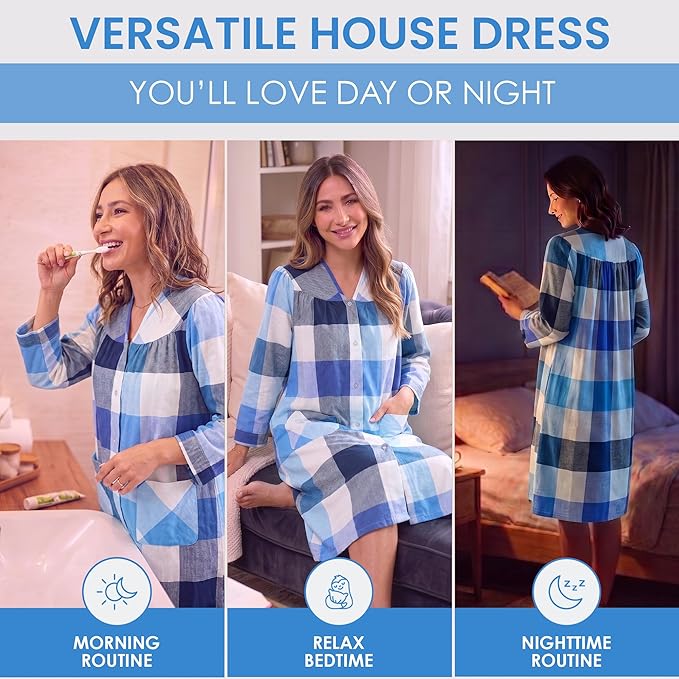 Casual Nights Women's Floral Snap Front Flannel Duster Long Sleeve Lounger Dress