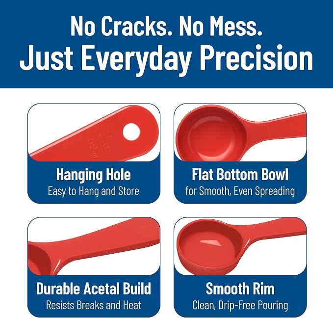 Carlisle FoodService Products 7.10 " 2 Ounce Solid Measuring Spoon – Flat Bottom – Portion Control Spoon – Short Handle Spoon, Red, (Pack of 12)