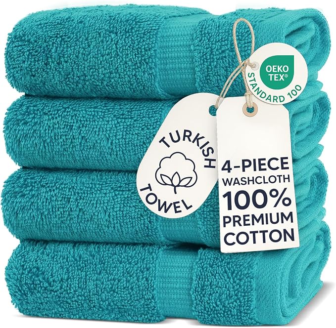 Chakir Turkish Linens 4 Piece Washcloth Set, 100% Cotton Luxury Turkish Washcloths for Bathroom, Soft Absorbent Washcloths, 13 x 13 Inches, Aqua