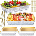 4 Set 16" x 9.45" Chilled Serving Tray for Parties with Compartments Ice Chilled Party Platter Charcuterie Serving Board with Forks Tongs for Fruit Seafood Vegetable Appetizer (Gold)