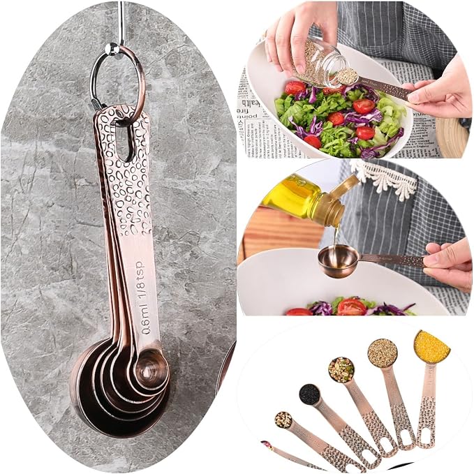 Copper Measuring Cups and Spoons Set, Stainless Steel Measuring Tools Set for Baking & Kitchen, Metric & US 4 Copper Plated Measure Cups and 5 Measure Spoons with Leveler for Wet & Dry