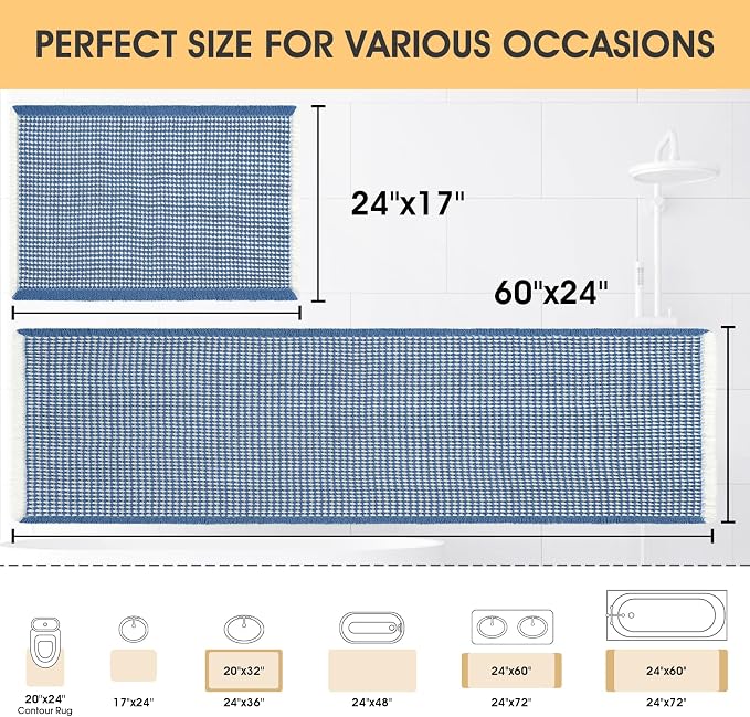 IM HOME Waffle Bath Mat Set 2 Piece Blue & Cream,Woven Modern Bath Rug Mats, Absorbent Non Slip Bath Floor Mat, Soft Washable Boho Bath Rugs with Tassels for Bathroom, Bedroom, Kitchen,Tub
