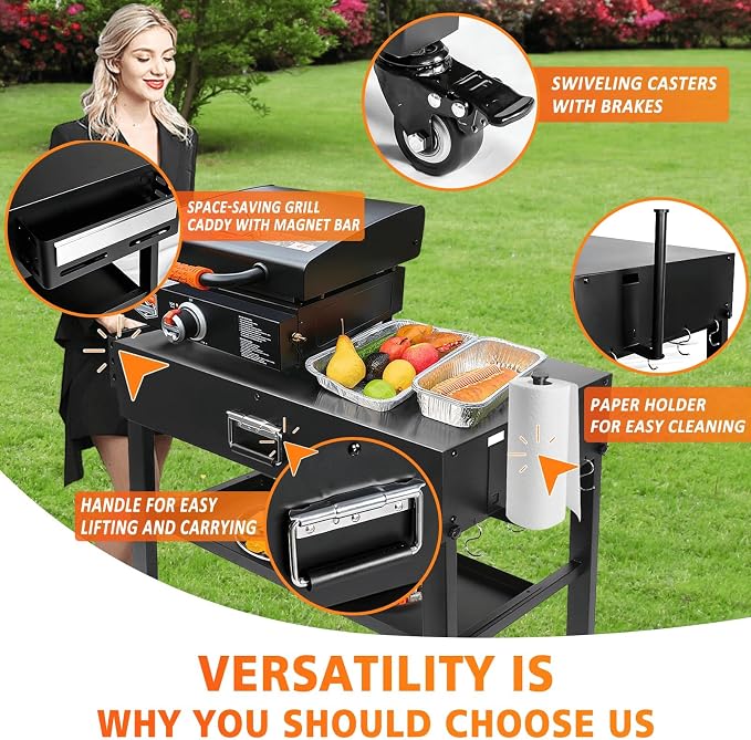 Foldable Grill Cart for Blackstone 17/22, Ninja Woodfire OG700, Ooni Pizza Oven – Portable Grill Table with Wheels, Dual-Shelf BBQ Prep Station with Caddy & Hooks, Compact Camping Griddle Stand