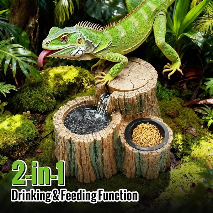 MIXJOY 2 in 1 Reptile Water Fountain with Food Dish 550ML, Reptile Waterfall Drinking Fountain with Adjustable Flow, Natural Resin, Reptile Water Dispenser for Bearded Dragon Gecko Lizard Chameleon