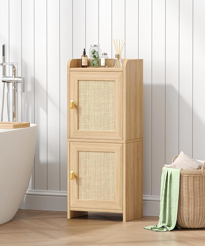 Akxomel Rattan Small Bathroom Cabinet Narrow Toilet Paper Organizer Oak | 7.9''D x 11.8''W Bathroom Organizer and Storage Cabinet for Small Space, Slim Corner Unit with Adjustable Shelf