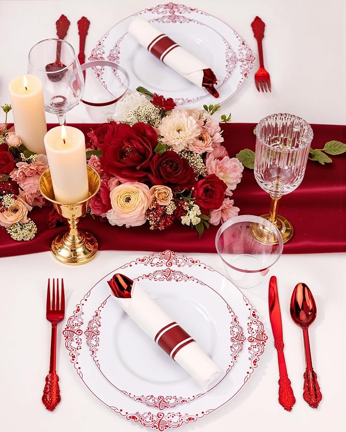 Nervure 350PCS Red Plastic Plates - White Red Plastic Dinnerware Set for 50 Guests - 100 Red Disposable Plates, 50 Pre Rolled Cutlery Set, 50 Cups Perfect for Wedding & Party