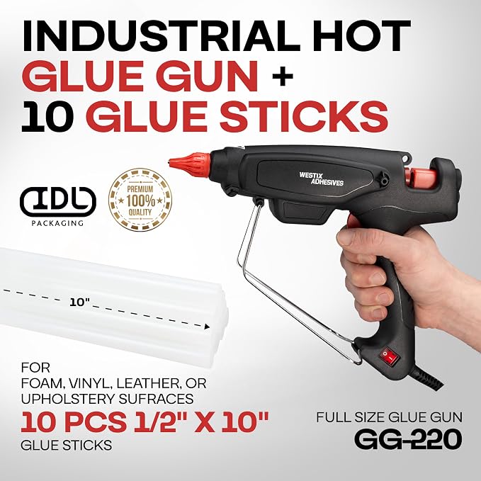 IDL Packaging GG-220 Industrial 200W Hot Glue Gun with 10 pcs Glue Sticks - 1/2" x 10" Full-Size Glue Sticks - Hot Glue Gun Kit for Variety of Surfaces: Foam, Vinyl, Leather, or Upholstery
