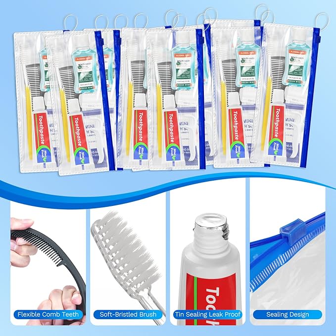 Personal Hygiene Kit Bulk Pack of 30,Yellow Basic Travel Toiletry Set Disposable Toothbrushes with Toothpaste Mouthwash Floss Comb Cover and Zip Bag for Homeless,Charity,Guests