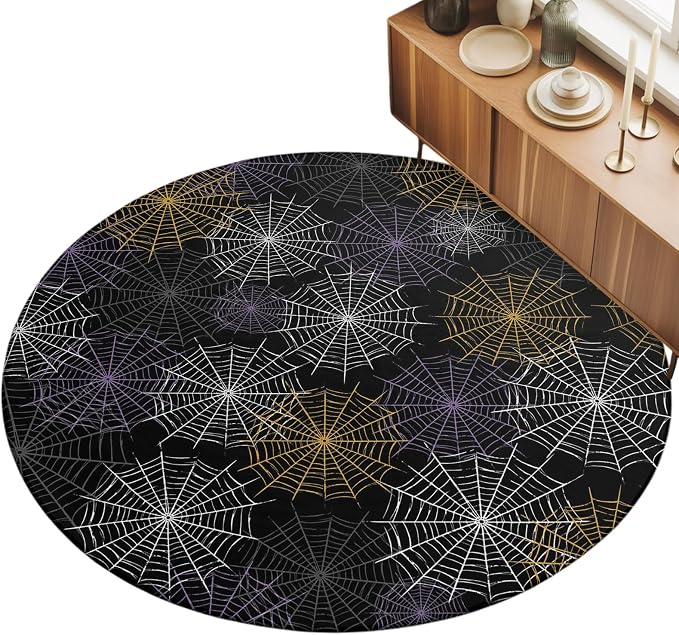 Round Area Rug 4', Black Halloween Washable Area Rugs for Kitchen Bathroom Bedroom Office Dining Room, Purple White Yellow Net Classic Black Non Slip Door Mat Indoor Entrance Floor Throw Circle Carpet