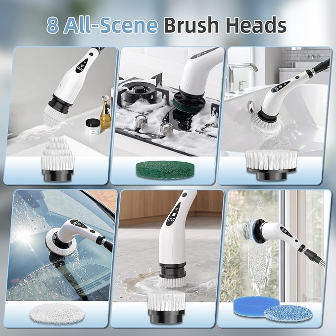 Electric Spin Scrubber, 3-Speed Cordless Cleaning Brush with 8 Brush Heads & Base, IPX7 Waterproof, Adjustable Long Handle, Digital Display, 2500mAh Fast Charging, for Bathroom, Tub, Tile, Floor