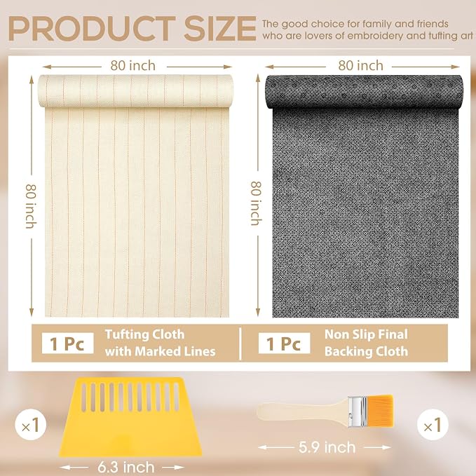 Tudomro 4 Pcs 80'' X 80" Monks Cloth for Rug Non Slip Backing | Tufting Backing Cloth with Anti-slip Dots, Includes Cleaning Brush and Scraper for DIY Rug Making, Durable Weave Fabric