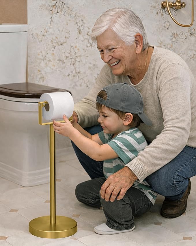 RUACQ Toilet Paper Holder Stand, Magnetic Closure Toilet Paper Stand with Lift-Up Rotating Arm, SUS304 Stainless Steel Bathroom Toilet Paper Holder Free Standing, Weighted Base (Brushed Gold)