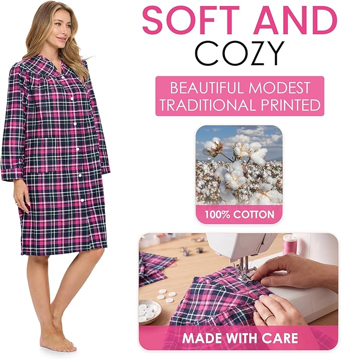 Casual Nights Women's Floral Snap Front Flannel Duster Long Sleeve Lounger Dress