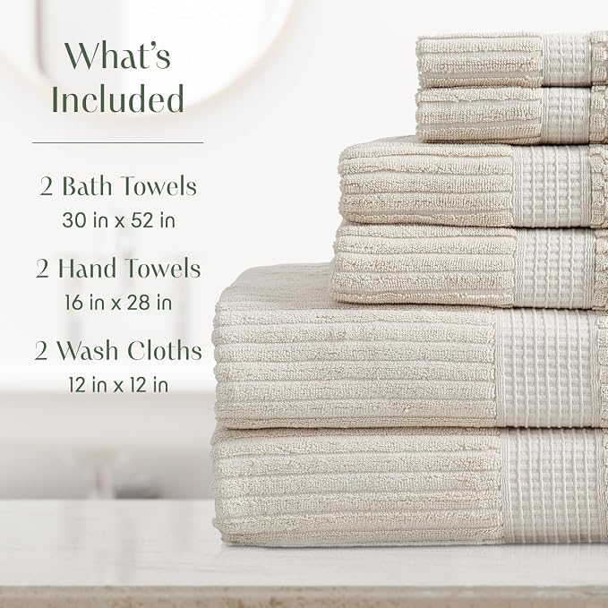 Springtree Home 100% Cotton Bath Towel Set | 6-Piece Set | Textured | Beige | Absorbent & Quick-Dry Bathroom Towels | Textured and Durable Cotton Towels for Bathroom | OEKO-TEX | Krista Collection