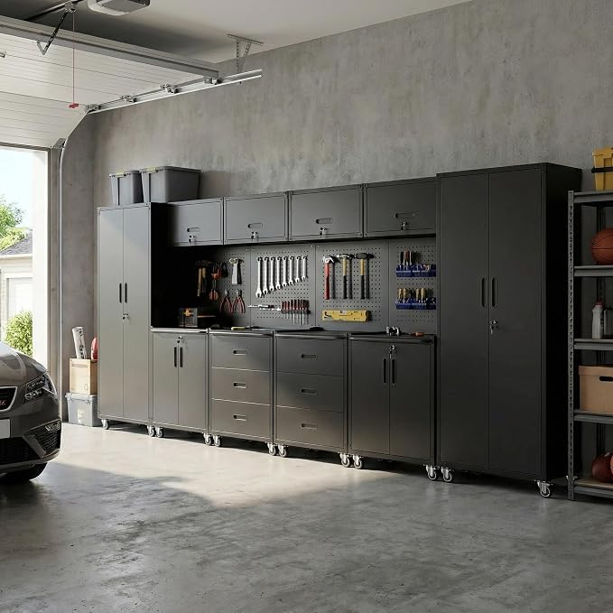 10-Piece Heavy Duty Steel Garage Cabinet System | All-in-One Modular Garage Cabinet Set for Ultimate Workshop Organization | Easy Assembly Garage Storage Cabinets & Tool Bench (Black)