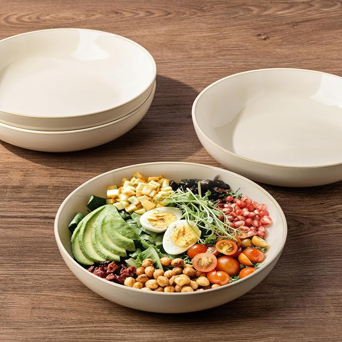 AmorArc 8.5'' Large Ceramic Pasta Bowls, 36oz Stoneware Pasta Serving Bowls Set of 4 for Kitchen, Wide Bowls for Pasta,Salad,OatmeaL,Microwave Safe, Reactive Glaze-Vanilla