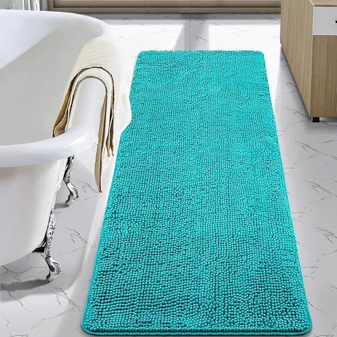 LOCHAS Luxury Bathroom Rug Shaggy Bath Mat 24 x 70 Inch, Teal Blue | Washable Non Slip Bath Rugs for Bathroom Shower, Soft Plush Chenille Absorbent Carpets