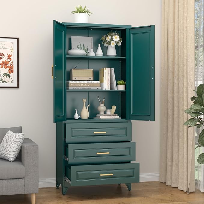 SteeLoong 75" Metal Storage Cabinet with Doors and 2 Adjustable Shelves | Kitchen Pantry Cabinet with 3 Drawers,Green Kitchen Cabinet with 2 Gold Handles,Food Cupboard for Livingroom,Pantry, Bathroom