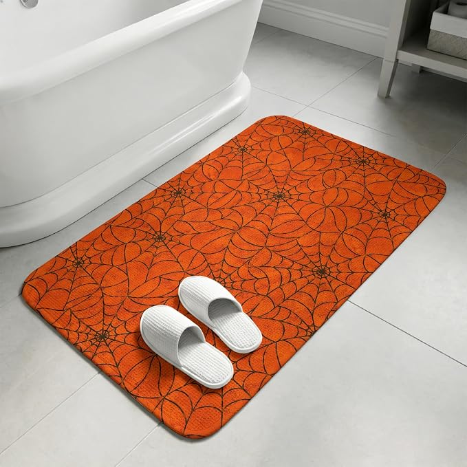 Front Door Mat Indoor Outdoor 19.7"x31.5", Orange Halloween Absorbent Non Slip Welcome Mat, Black Spiders Net Classic Gingham Low Profile Entryway Rug for Front Entrance Porch Back Door Patio