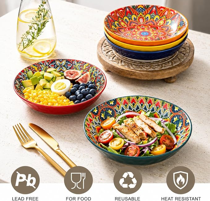 32 oz Pasta Bowls Set of 6, Large Ceramic Colorful Deep Plates, Bohemian Style Soup Salad Bowls, Dishwasher & Microwave Safe for Kitchen, Boho Vibrant Dinnerware