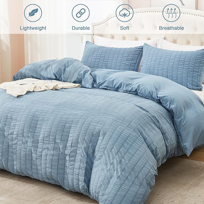 AveLom Grayish Blue Duvet Cover King(104 x 90 inches), 3 Pieces (1 Duvet Cover, 2 Pillow Cases), Seersucker Striped Soft Washed Microfiber Textured Duvet Cover Set with Zipper Closure, Corner Ties