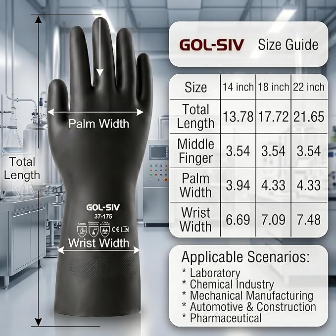 Industrial Chemical Resistant Work Gloves, 14 Inch Heavy Duty Black Latex PPE, Waterproof Acid/Alkali Proof with Non-Slip Grip for Janitorial & Cement Mixing, 2 Pairs