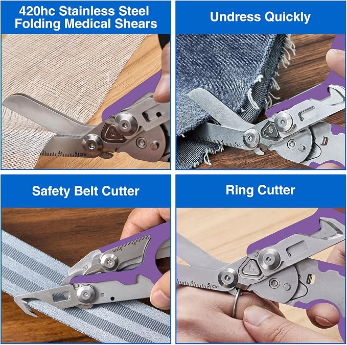 Heavy Duty 6 in 1 Multifunctional Trauma Shears Foldable | Stainless Steel emergency response scissors | Survival Shears with Holster | Medical Trauma shears Tactical With Strap Cutter | Purple