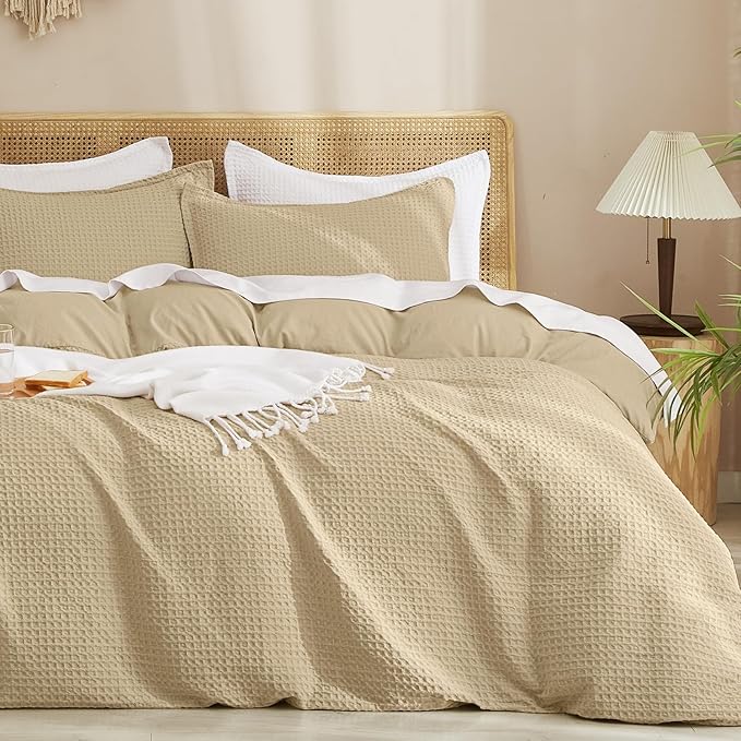 PHF Waffle Weave Duvet Cover Set Queen Size, No Snagging Ultra Soft Luxury Textured Breathable Comforter Cover for All Season 3pcs, Durable Bedding Duvet Set with 2 Pillow Shams, 90"x90", Khaki