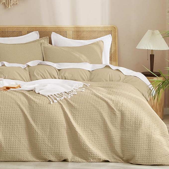 PHF Waffle Weave Duvet Cover Set King Size, No Snagging Ultra Soft Luxury Textured Breathable Comforter Cover for All Season 3pcs, Durable Bedding Duvet Set with 2 Pillow Shams, 104"x90", Khaki