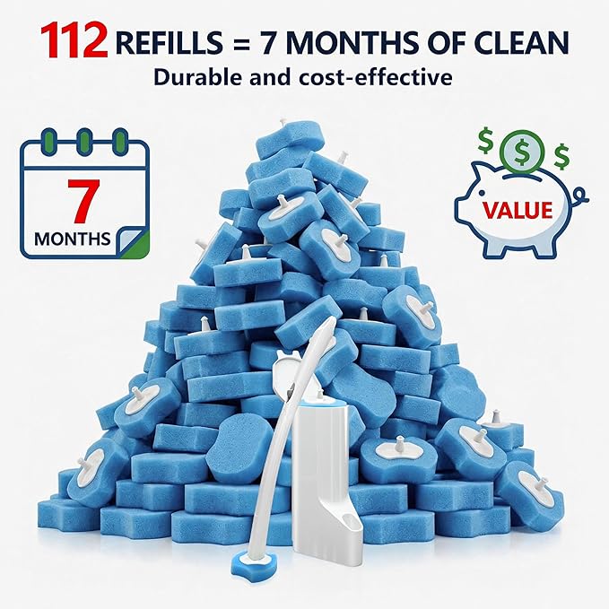 Disposable Toilet Brush, Toilet Bowl Cleaner Wand Kit with 112 Refills | Wall-mounted Toilet Scrubber Kit-16.81" ABS Handle Holder, 112 Sponge Brush Heads for House, Apartment, RV Bathroom Cleaning