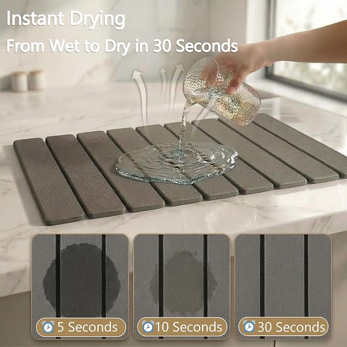 Large Stone Drying Mat for Kitchen Counter, Quick Dry Stone Drying Mat, Foldable Water Absorbing Diatomaceous Earth Dish Drying Mat for Plate Rack Bottles Utensils(Dark Gray 24"×16" & 4" Coaster)
