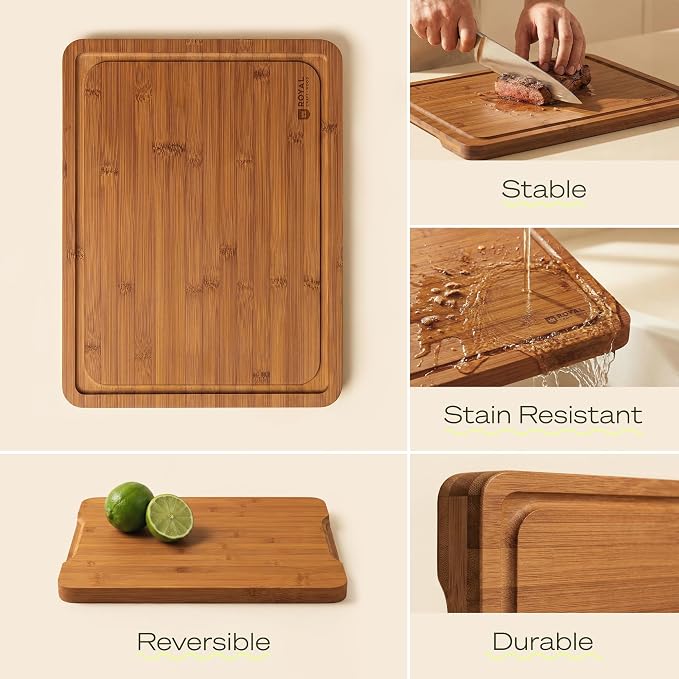 ROYAL CRAFT WOOD Wooden Cutting Board - Bamboo Cutting Boards with Juice Groove - Kitchen Chopping Board for Meat Cheese and Vegetables, Heavy Duty Serving Tray w/Handles, 13” x 17”
