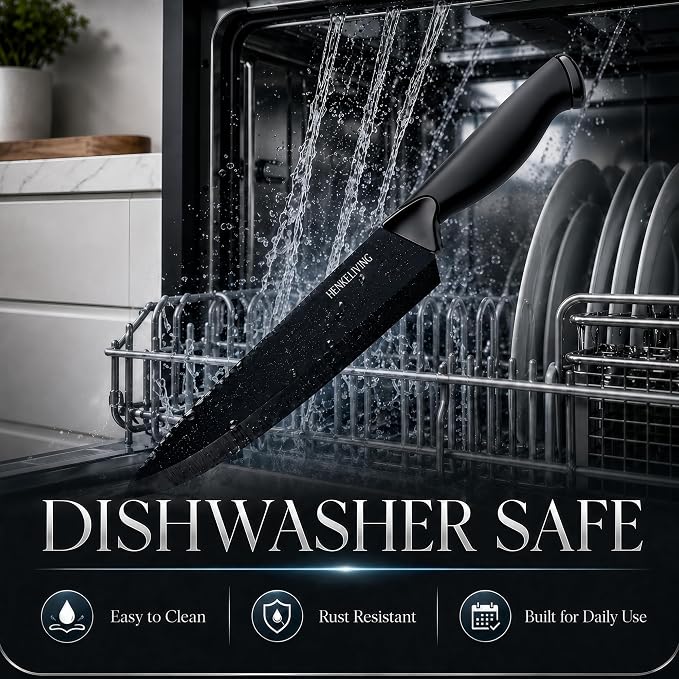 14-Piece Black Kitchen Knife Block Set with Built-In Sharpener | German high-carbon stainless steel blades, dishwasher safe, ultra-sharp edges, ergonomic non-slip handles