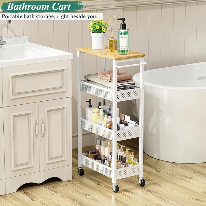 OKZEST Utility Slim Storage Cart, 4-Tier Narrow Bathroom Organizers and Storage Cart, Narrow Metal Kitchen Laundry Room Organization Shelf with Wood Top, Slim Rolling Carts with Wheels for Small Space