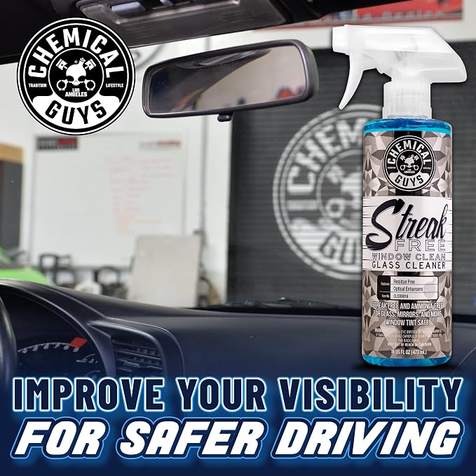 Chemical Guys Streak Free Glass and Window Cleaner - Works on Glass, Windows, Mirrors, and Screens, Ammonia-Free and Safe on Tinted Windows, for Cars, Trucks, SUVs, and Home Use - 16 oz