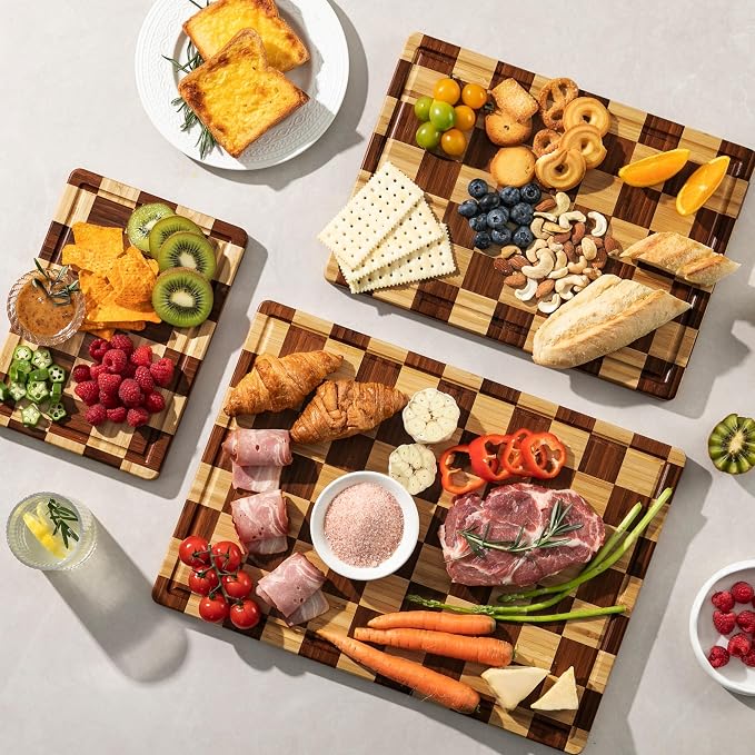 Checkered Cutting Board Set, Bamboo Cutting Board for Kitchen | 3pc, Non-Toxic, with Juice Groove,Wooden Charcuterie Boards, Non Slip Chopping Board, Housewarming Gift