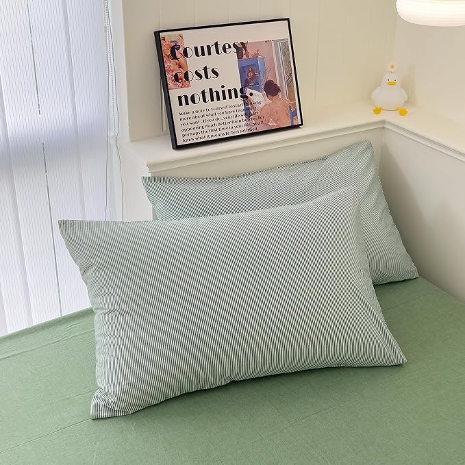 mixinni Green Striped Duvet Cover Full Size - 100% Washed Cotton Pinstripe Comforter Cover with Zipper Closure, Lightweight & Breathable, 3 Pieces Minimalist Stripes Pattern Printed Bedding Set