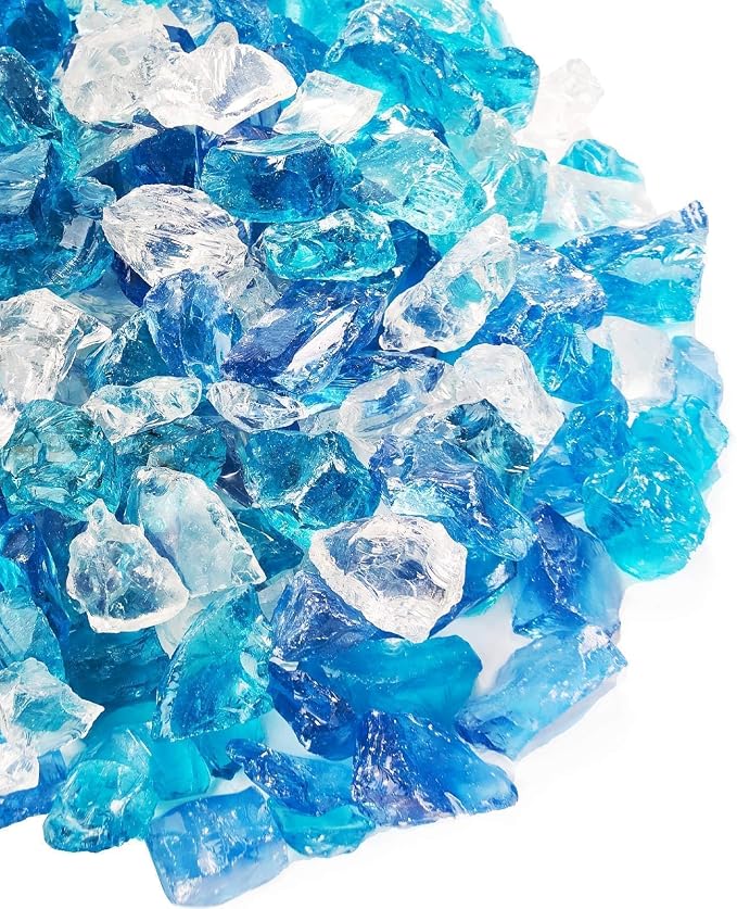 NUPICK 20 Pound Fire Glass, 1/2 Inch Reflective Fire Pit Glass | Tempered Fire Pit Rocks for Propane or Natural Gas, Glass Rocks for Fire Pit Table, Fireplace, Fire Bowl, Blue and White Mix