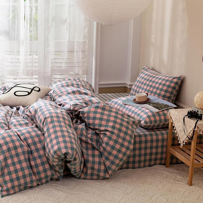 mixinni Plaid Duvet Cover Set King Purple - Soft Washed Cotton Modern Geometric Bedding Set with 2 Pillowcases, Pink Blue Gingham Grid King Duvet Cover for Men & Women, Soft & Lightweight
