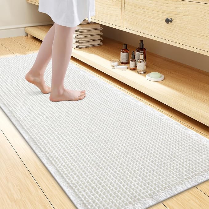 Smiry Waffle Bath Mat 60x24, Extra Soft Absorbent Bathroom Rugs, Non Slip Machine Washable Quick Dry Bath Rugs for Bathroom Floor, Tub, Shower, Home Decor Accessories, White